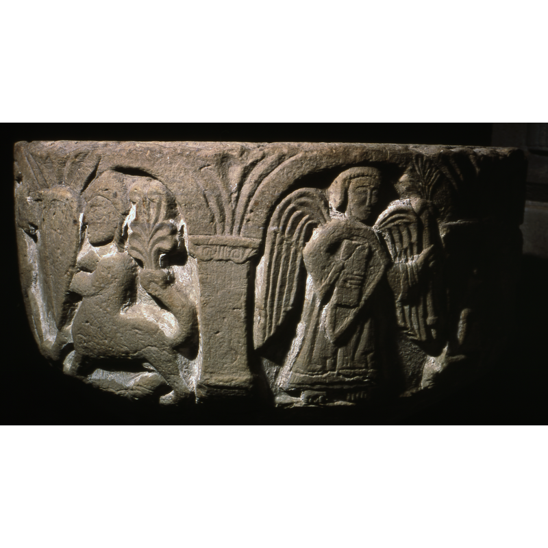 Three figures comprise this scene. The first is on foot, in profile, holding a sword and shield. The second figure is on horseback, with a sword and shield fighting a centaur which also has a shield.