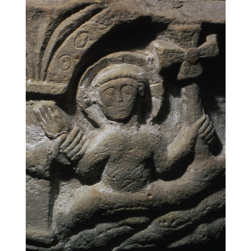 The last scene shows in the left arch, an angel in frontal pose, carrying in the right hand a codex, and in the left hand holds an acantus branch or candle with flame? To the right of the angel is another figure, in a kneeling position, the left hand holds up a scroll, the right hand to the middle or holding the elbow of the left arm? The next figure, semi-kneeling holds the right hand on a scroll to his chest, and the left hand holds Christ's right hand. The figure of Christ, is in the water to his waist, forefront, haloed, cross in halo. His left hand holds a staff with a cross.