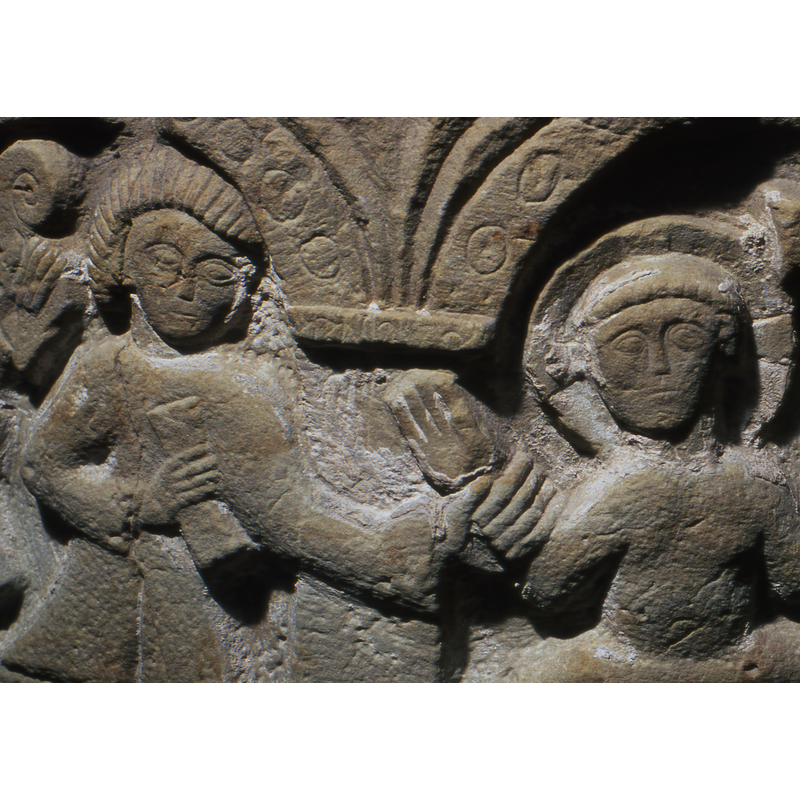The last scene shows in the left arch, an angel in frontal pose, carrying in the right hand a codex, and in the left hand holds an acantus branch or candle with flame? To the right of the angel is another figure, in a kneeling position, the left hand holds up a scroll, the right hand to the middle or holding the elbow of the left arm? The next figure, semi-kneeling holds the right hand on a scroll to his chest, and the left hand holds Christ's right hand. The figure of Christ, is in the water to his waist, forefront, haloed, cross in halo. His left hand holds a staff with a cross.