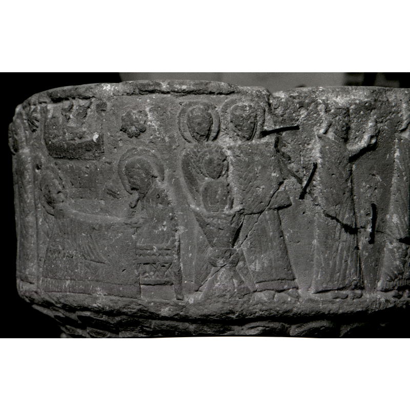three Childhood scenes: Nativity on the left; First Bath in the centre; Adoration of the Magi in part, just the last of the three Magi walking rightwards