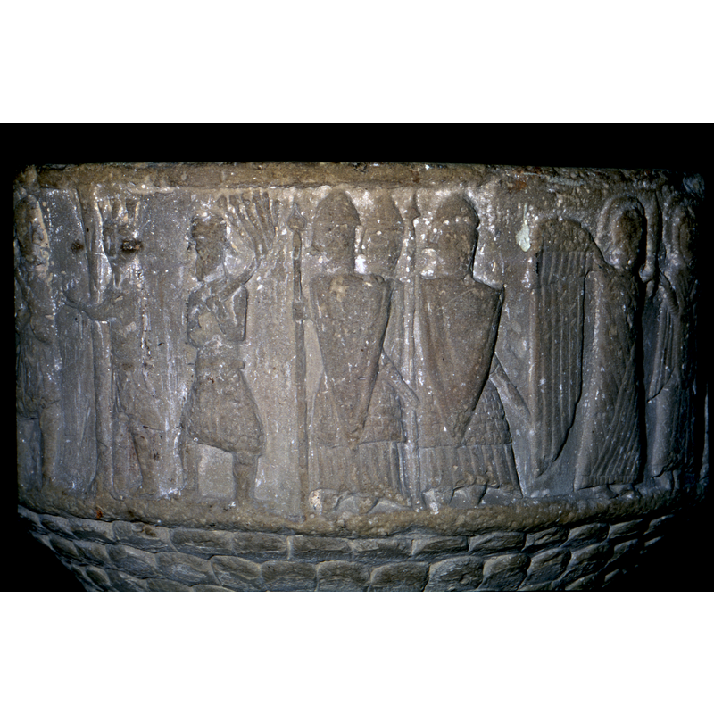 three soldiers seen in profile behind the torturer wielding the flagello