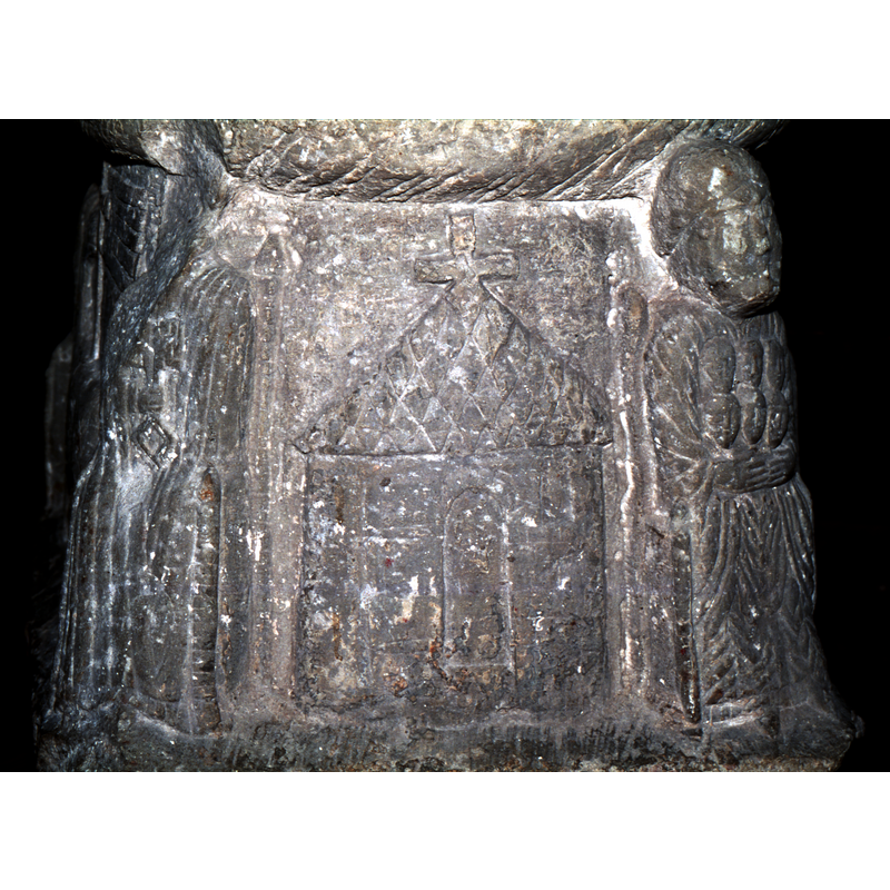 Abraham (below the Annunciationscene), bearded, sitting on a Gotland chair, holds 6 souls in his bossom; seen here on the right