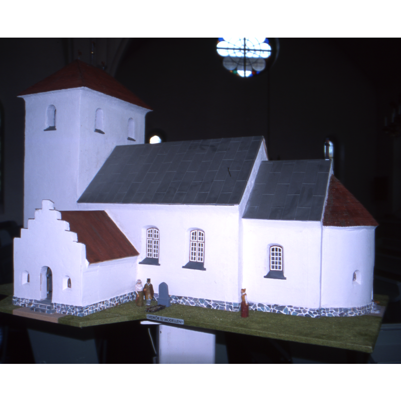 a modern maquette of the old church as it was in the 17thC