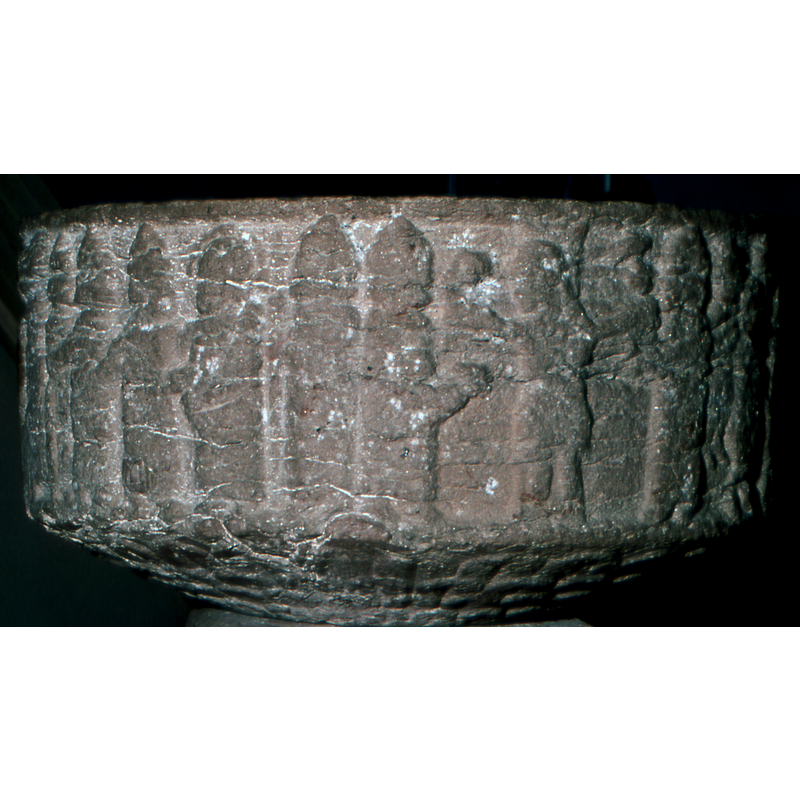 Persecution of Christ. This is a second program, it reads from the left to the right. Several figures seem to be taking a bound Christ to execution. There are two figures, in profile, soldiers, appear to hold a figure full frontal, haloed, and after that another figure holding a lance.