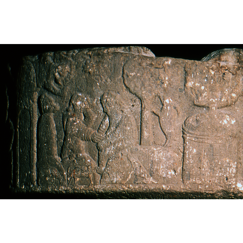 Annunciation to the Shepherds. The scene is framed by towers - there are three figures, the one on the left is seated and in profile, holding his head upward. Next one is also seated in profile, left hand holding his head up, the right hand to the next person opposite. Those two figures face the right and the figure opposite, faces left, sits in profile, has a long beard, is hunched and above the figure on the left an angel comes down with his hand extended. Further to the right, there is tree, a standing animal, four legged, a goat, its front legs leaning on the tree. The tree is made of small dots, a Sighraf trademark. A star in the middle of the scene up high. At least one other, if not more, grazing animals in the forefront.