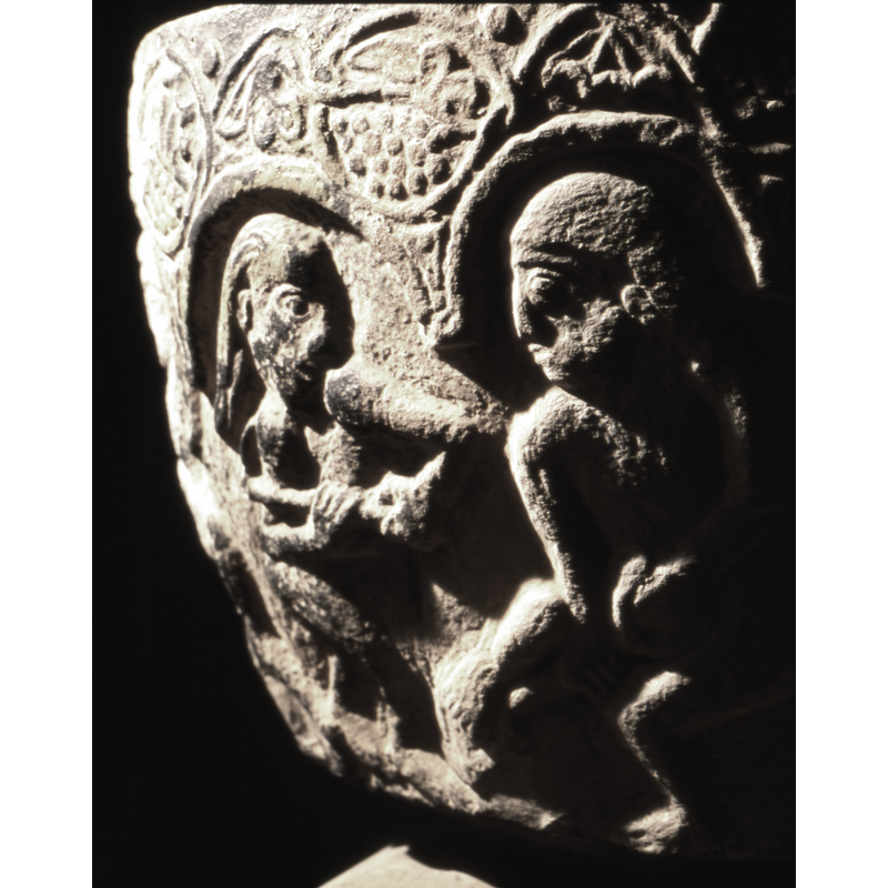 Adam and Eve toiling naked; to the right Adam working the ground with a spade and Eve handles a hoe