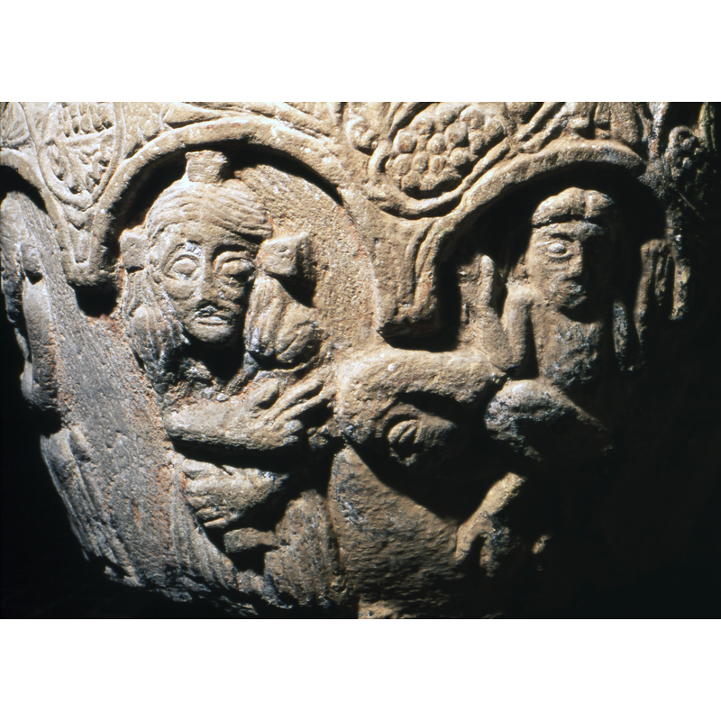 Adam and Eve before Christ who is enthroned. He has sign of benediction gesture toward them. Adam is bowing over - and Eve's hand up in adoration. This seems to be a scene after the Harrowing of Hell - redeemed in Heaven.