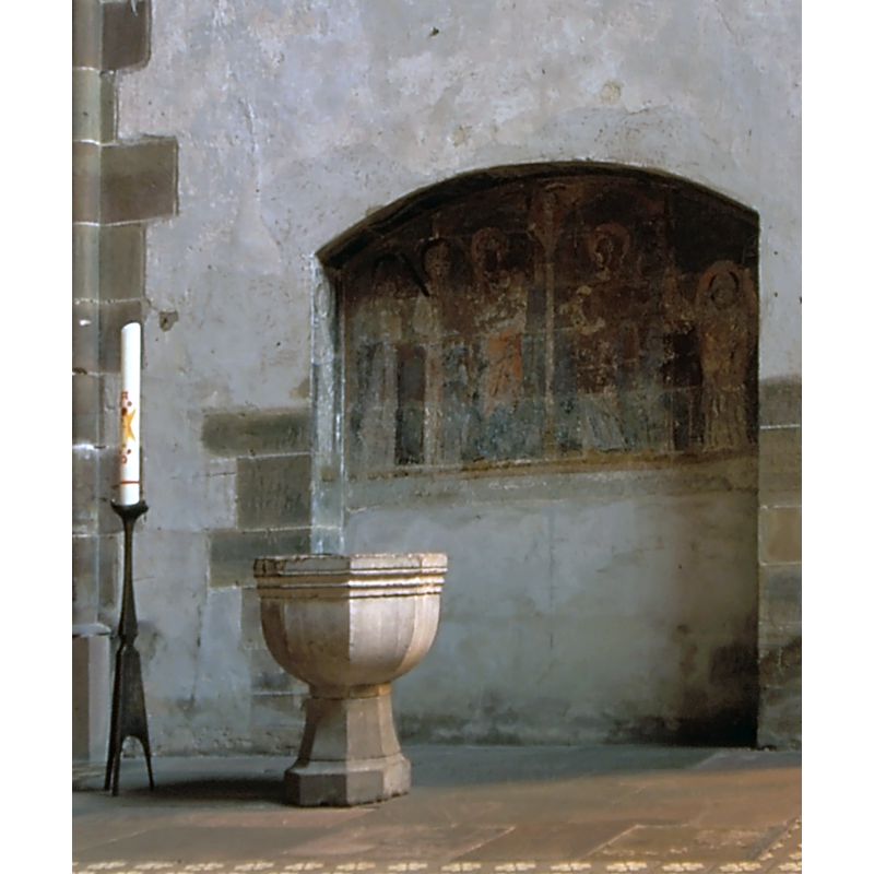 the baptismal in its context in August 2002 -- 14thC fresco behind the font